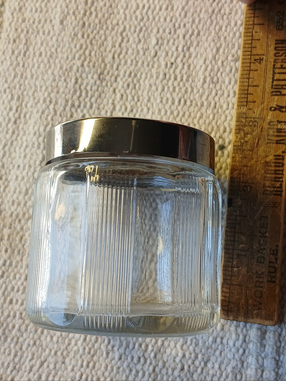 Vintage Clear Ribbed Glass Jar with Silver Lid